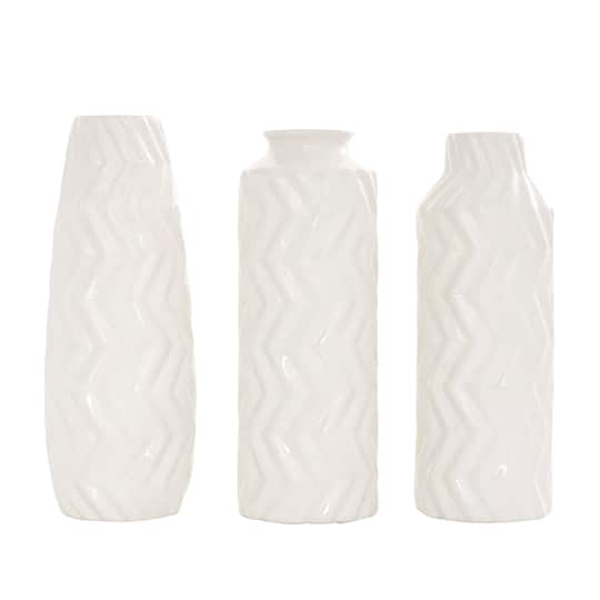 White Ceramic Dimensional Chevron Textured Vase with Varying Shapes Set